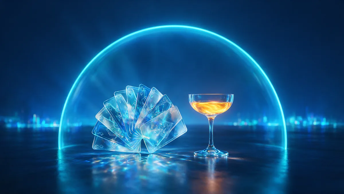 A translucent glass card fan and glass coupe on a dark reflective surface beneath a protective dome of cyan light, a distant neon skyline glow behind, health coverage for Las Vegas casino and hospitality workers
