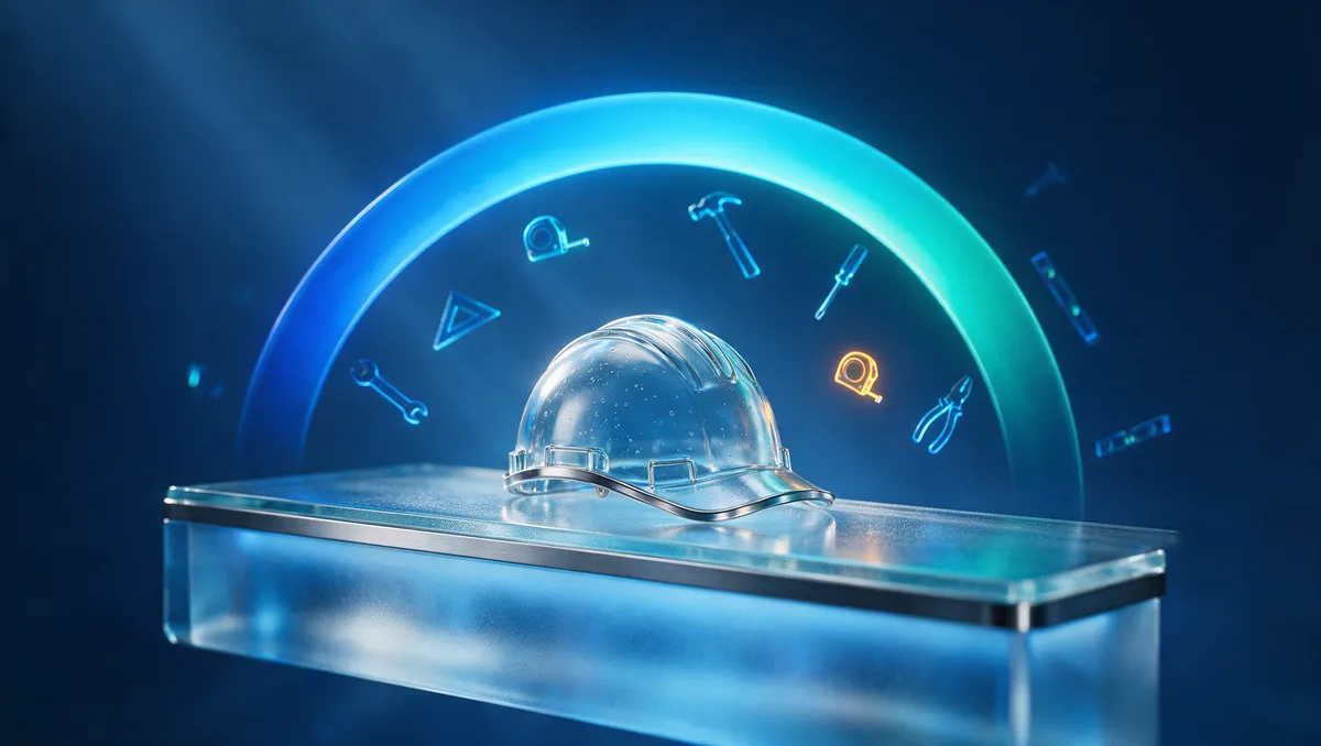 A translucent glass hard hat resting on a glass beam under an arc of gradient light, with glowing tool silhouettes suspended nearby, health coverage for Nevada construction contractors