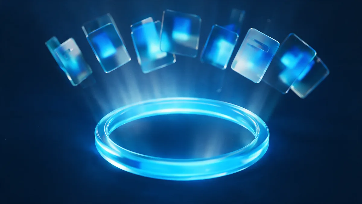 A bright ring of cyan light forming a window frame in the dark with translucent glass plan cards floating just beyond it, window shopping Nevada health plans before open enrollment