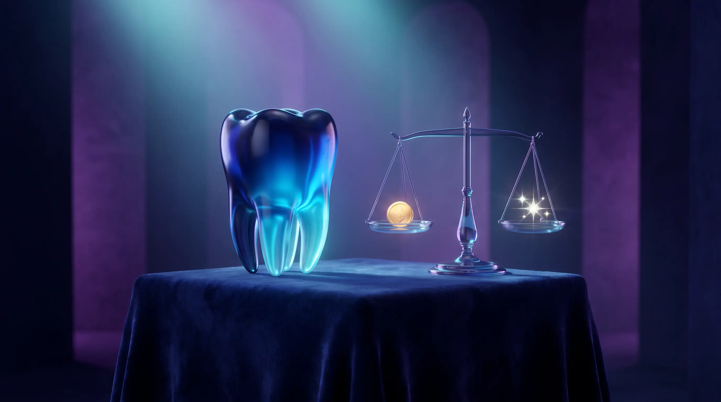 A flawless glass tooth displayed like a museum jewel beside a balance scale weighing a coin against a sparkle, whether dental insurance is worth the price