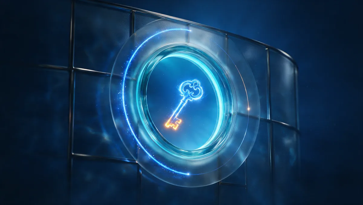 A circular aperture of cyan light opening in a dark glass wall with a glowing key hovering at its center and a countdown arc tracing the rim, a special enrollment period opening in Nevada