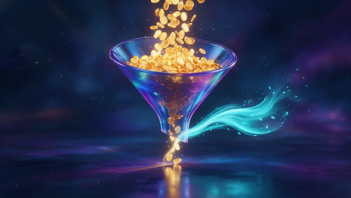 A translucent glass funnel with golden coins pouring in and a thinner stream emerging below, a ribbon of cyan light carrying the difference away, pre-tax premiums reducing employer payroll tax