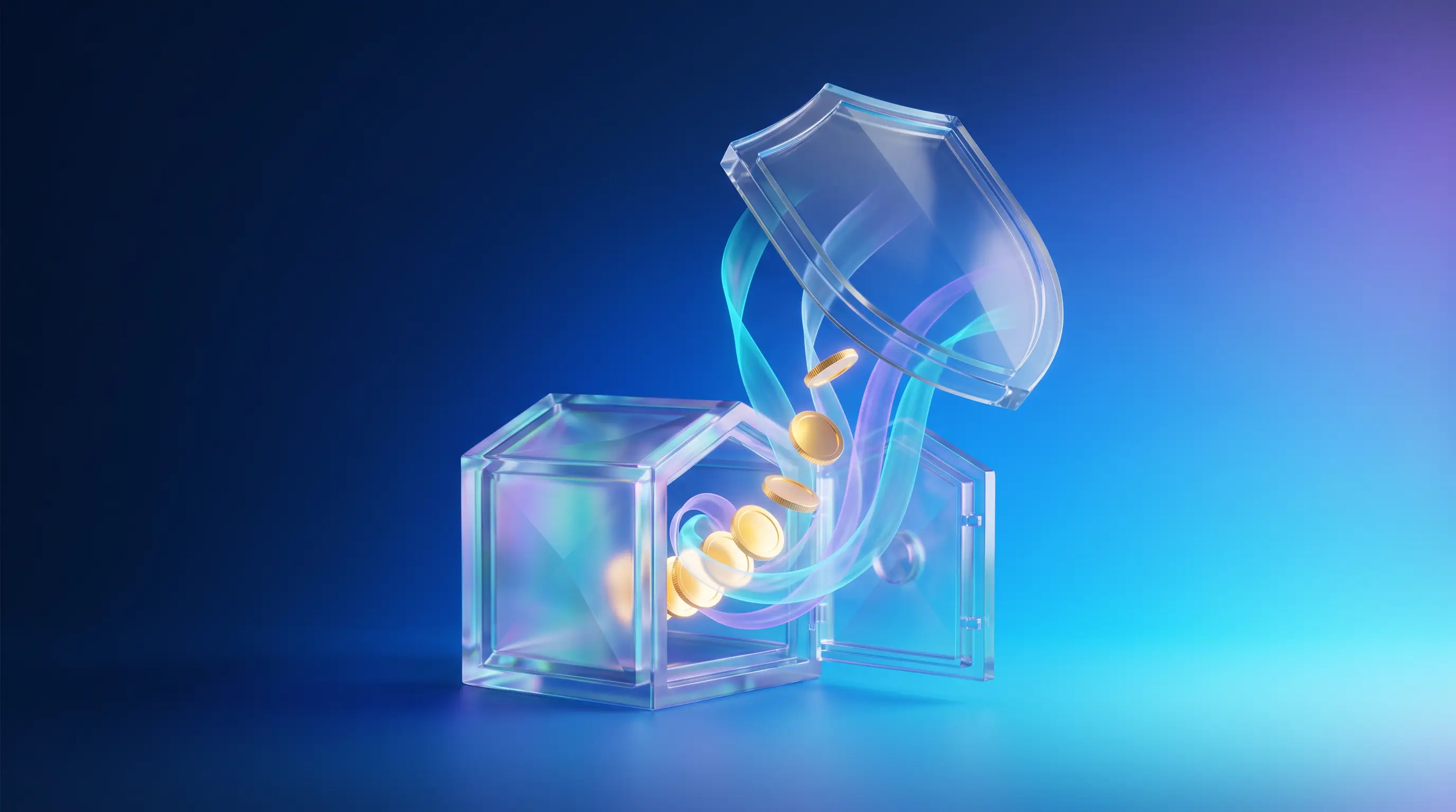 A gradient glass vault releasing a protected spiral of glowing coins beneath a floating shield, tax-advantaged health benefit structures