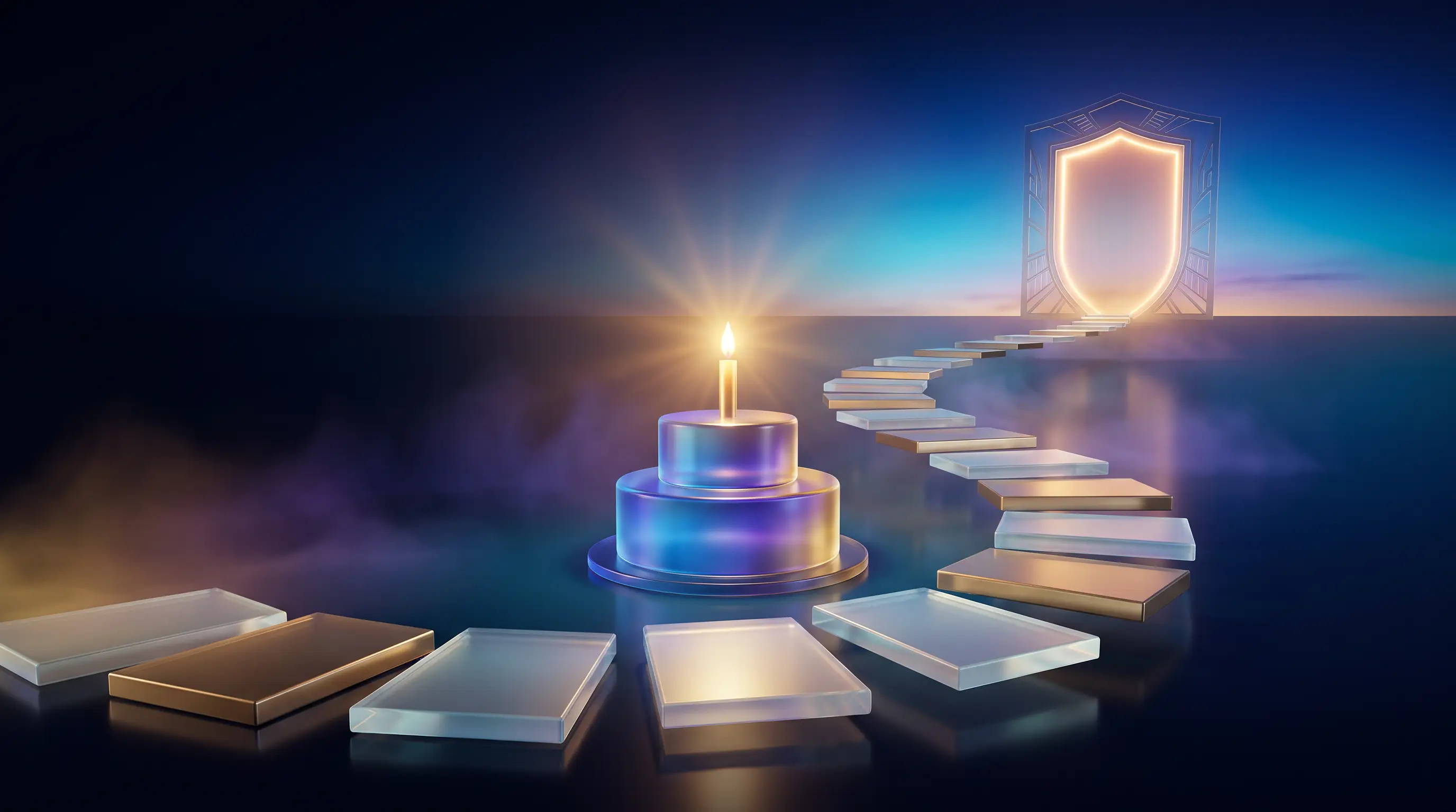 A gradient glass birthday cake with one radiant candle unfolding a stepping-stone path toward a glowing shield gateway, the Medicare road that begins at 65