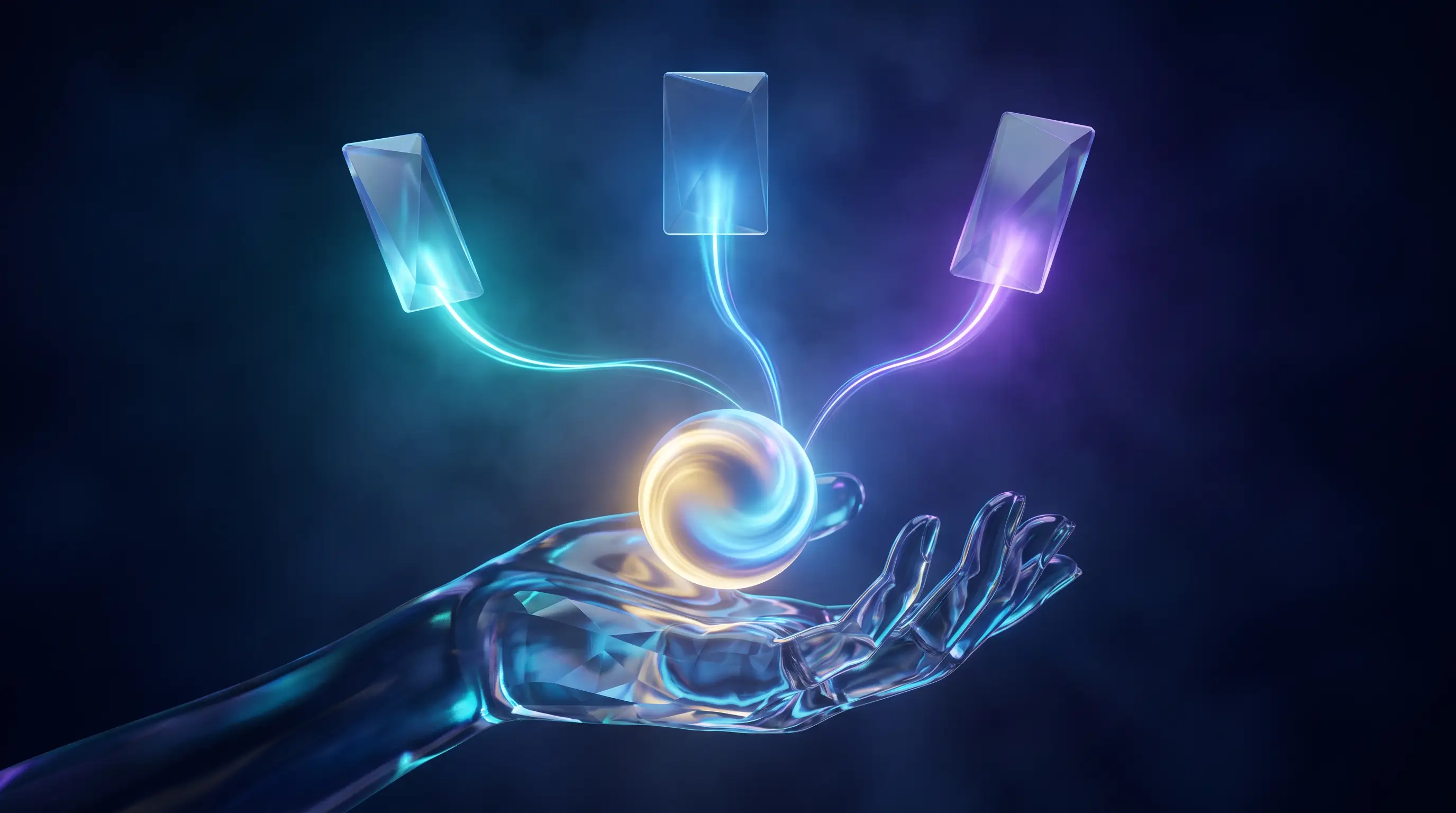 A glass hand holding a glowing benefit orb that splits into three streams toward floating plan cards, how an ICHRA turns one budget into personal choice