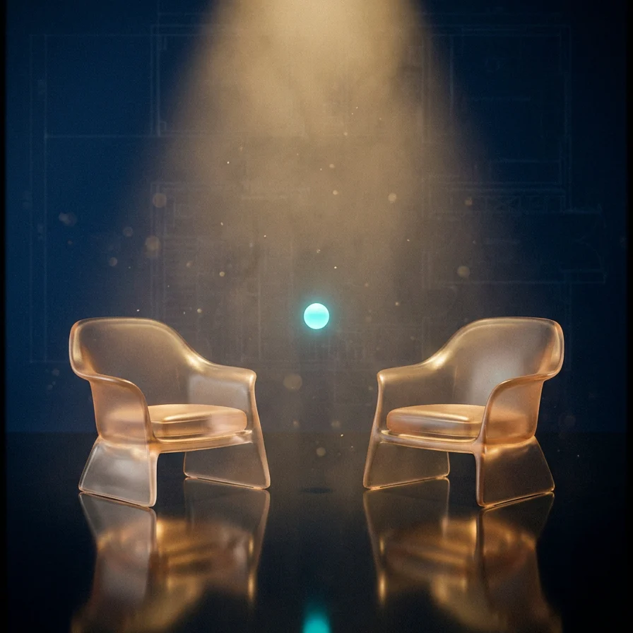 Two glass chairs facing each other under a warm spotlight
