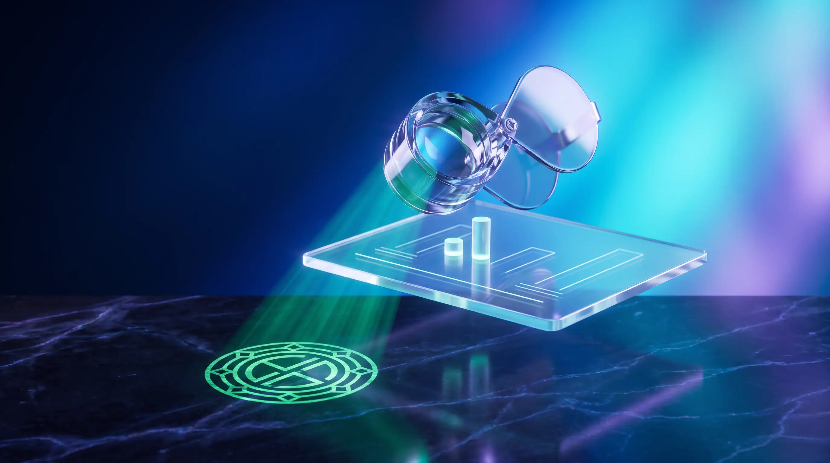 Crystal loupe examining a glowing glass ledger of fees that projects an emerald seal of verification, vetting whether dental discount plans are legitimate