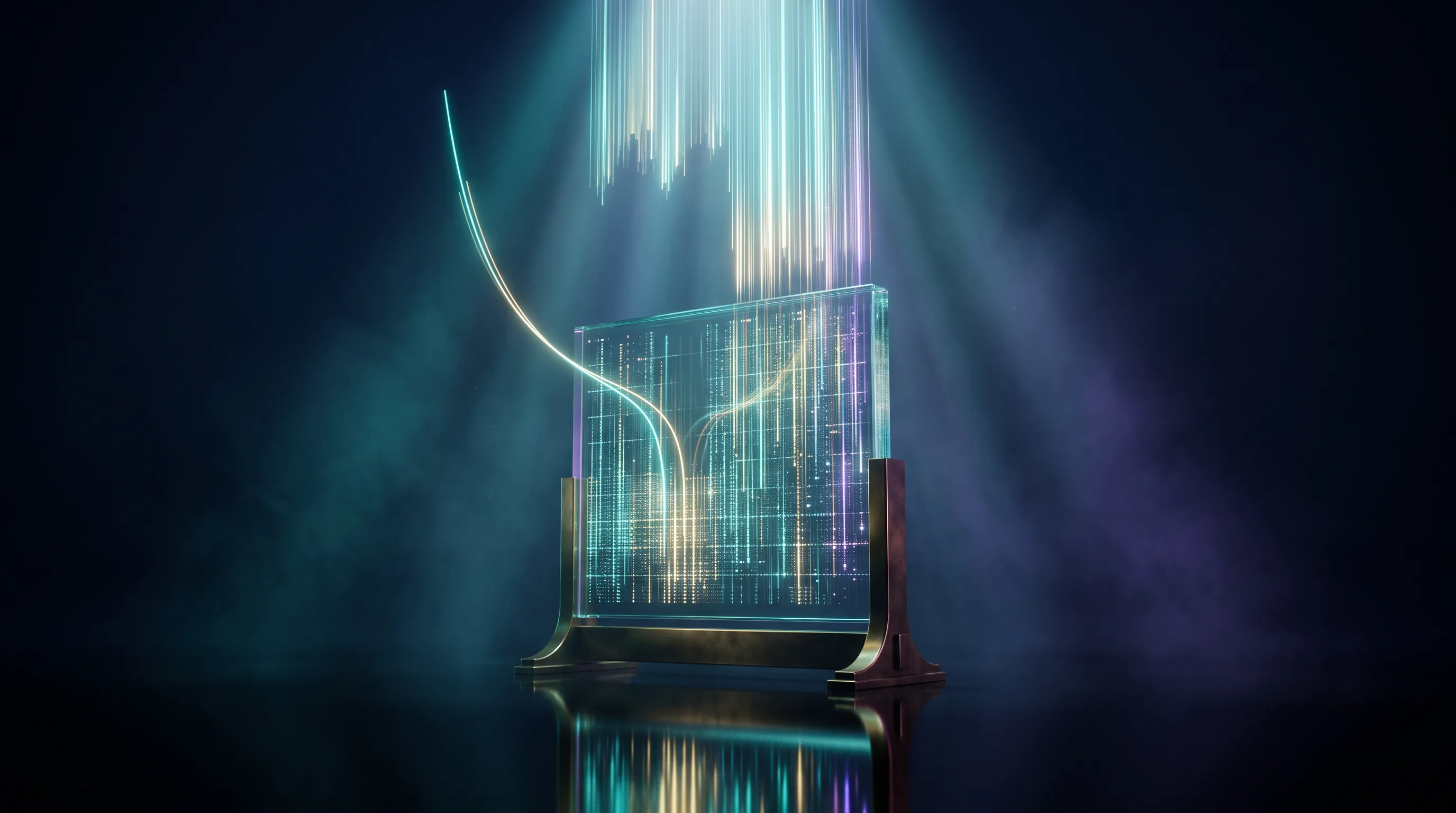 One glowing line lifting out of a glass ledger and shortening the column of light above it, gig workers deducting health insurance premiums