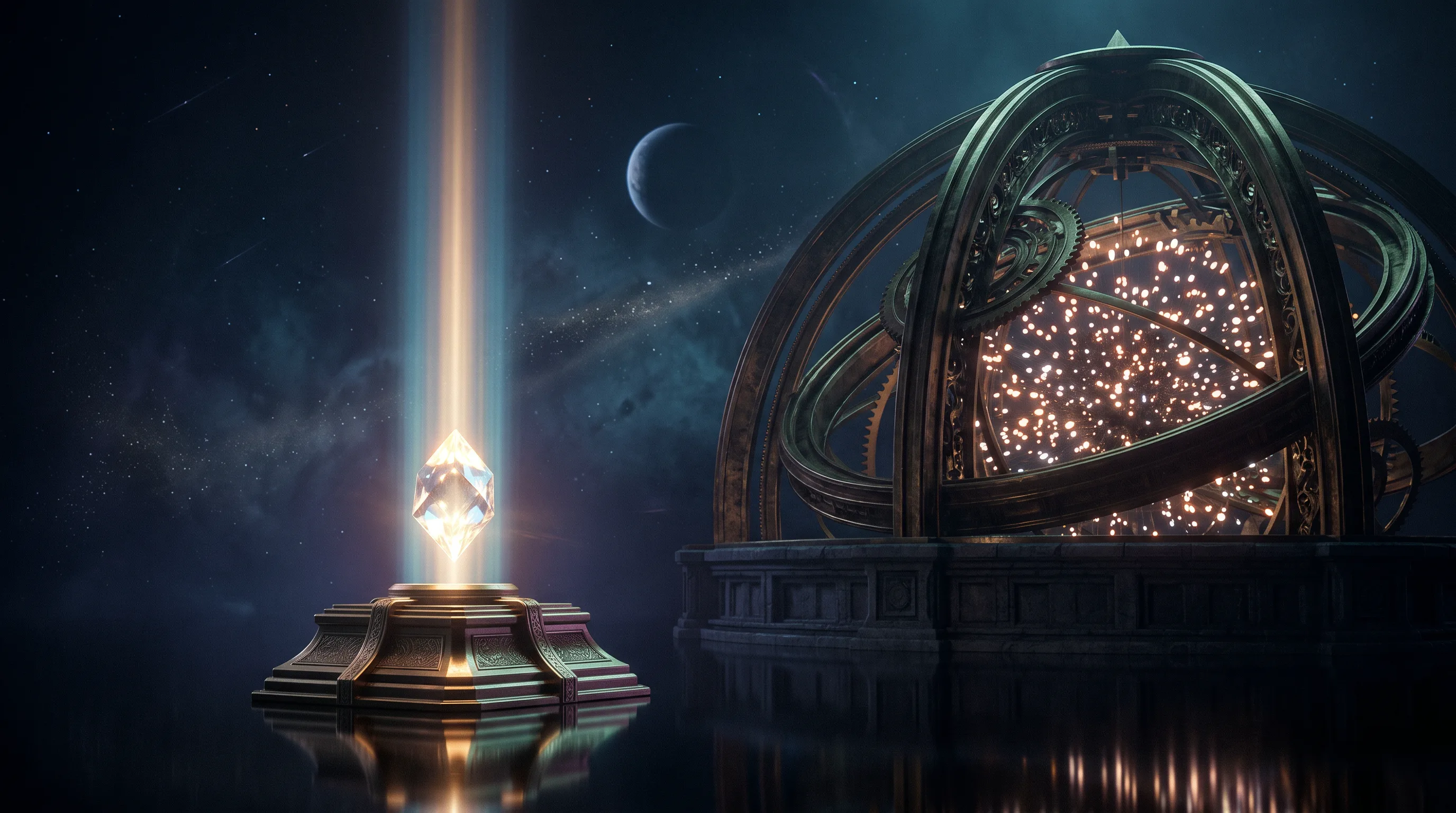 A single crystal node outside a brass-ringed group dome raising its own column of light, whether independent contractors can get group health rates