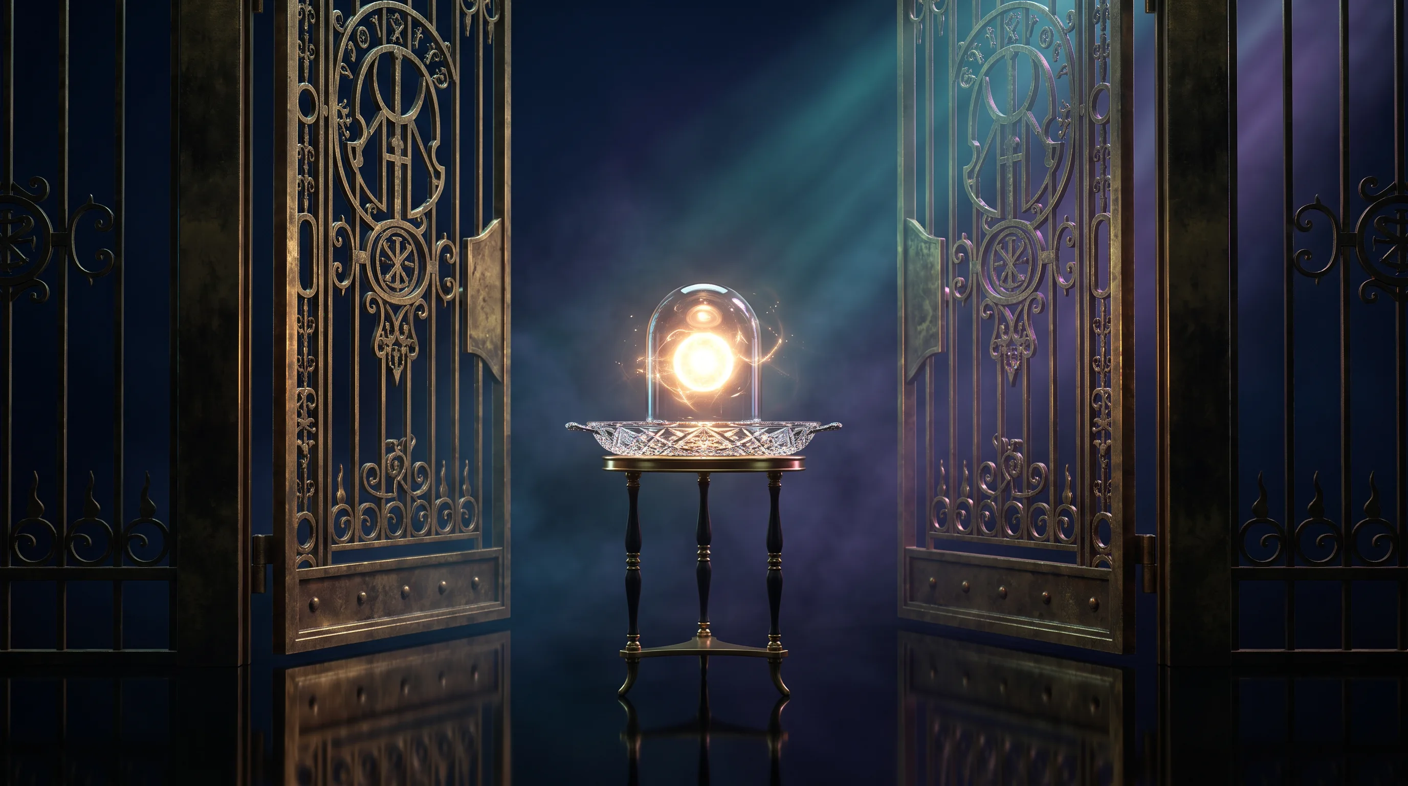 A crystal service tray carrying a glowing dome through an open brass gate with no turnstile in the way, marketplace coverage for part-time hospitality workers