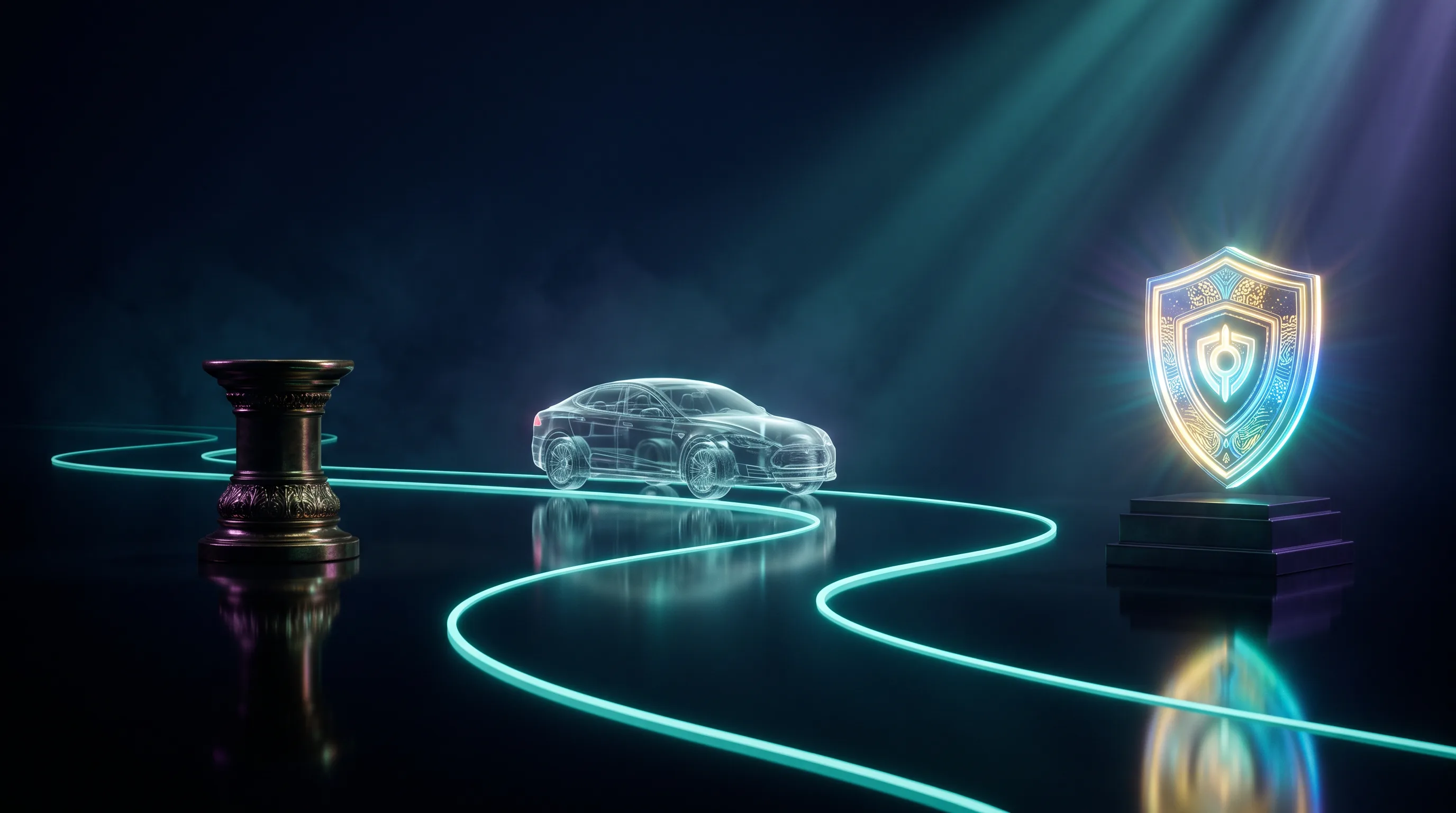 A glass car beside an empty brass benefits pedestal with a separate glowing shield further down the road, health insurance for Uber and DoorDash drivers