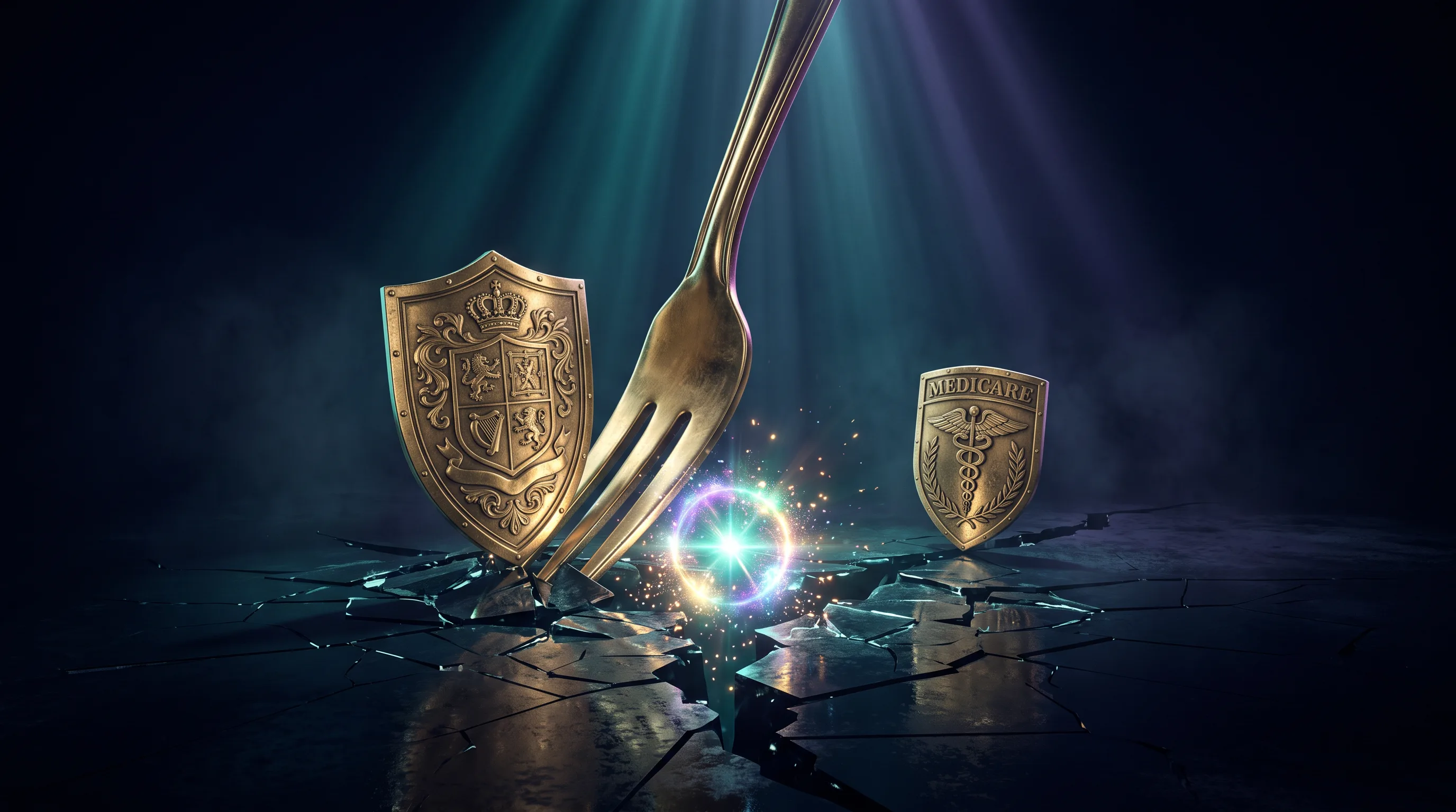 A large employer shield and a Medicare shield standing on the two branches of a brass fork, whether Medicare is needed with employer insurance at 65