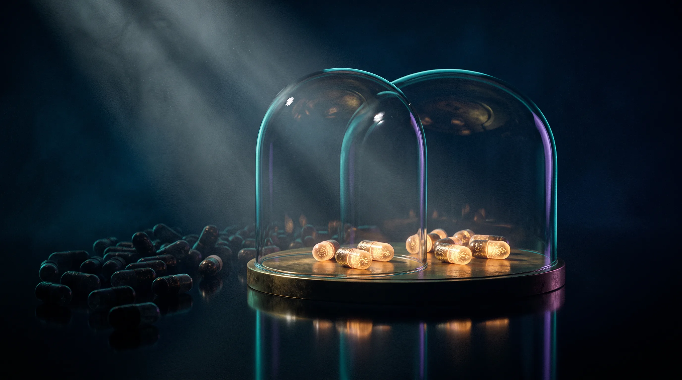 A glass dome sheltering a few capsules while many more sit outside in shadow, whether Medicare covers prescriptions without Part D