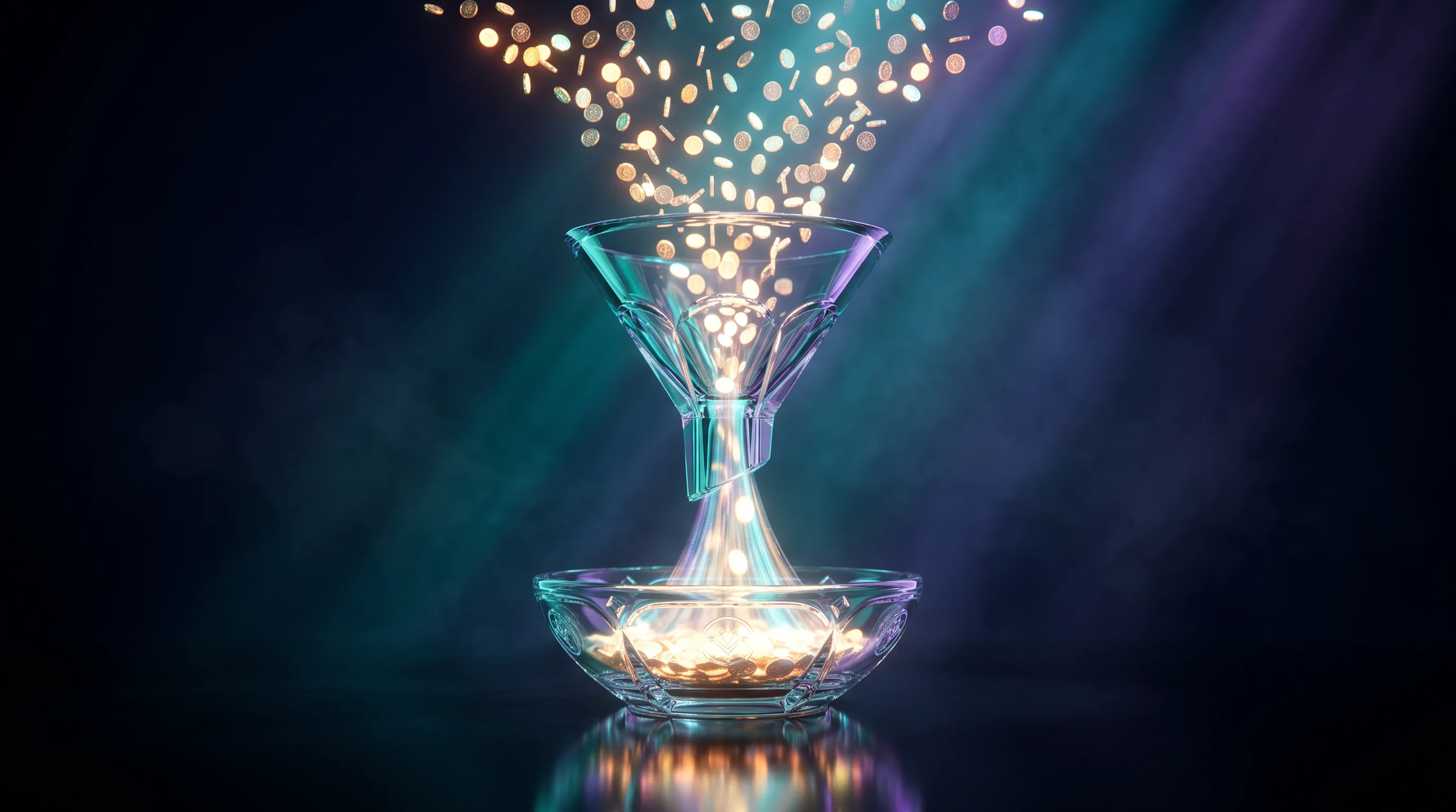 Glowing tip coins merging with a wider stream of light in a crystal funnel and pouring into one ledger, whether tip income counts toward subsidies