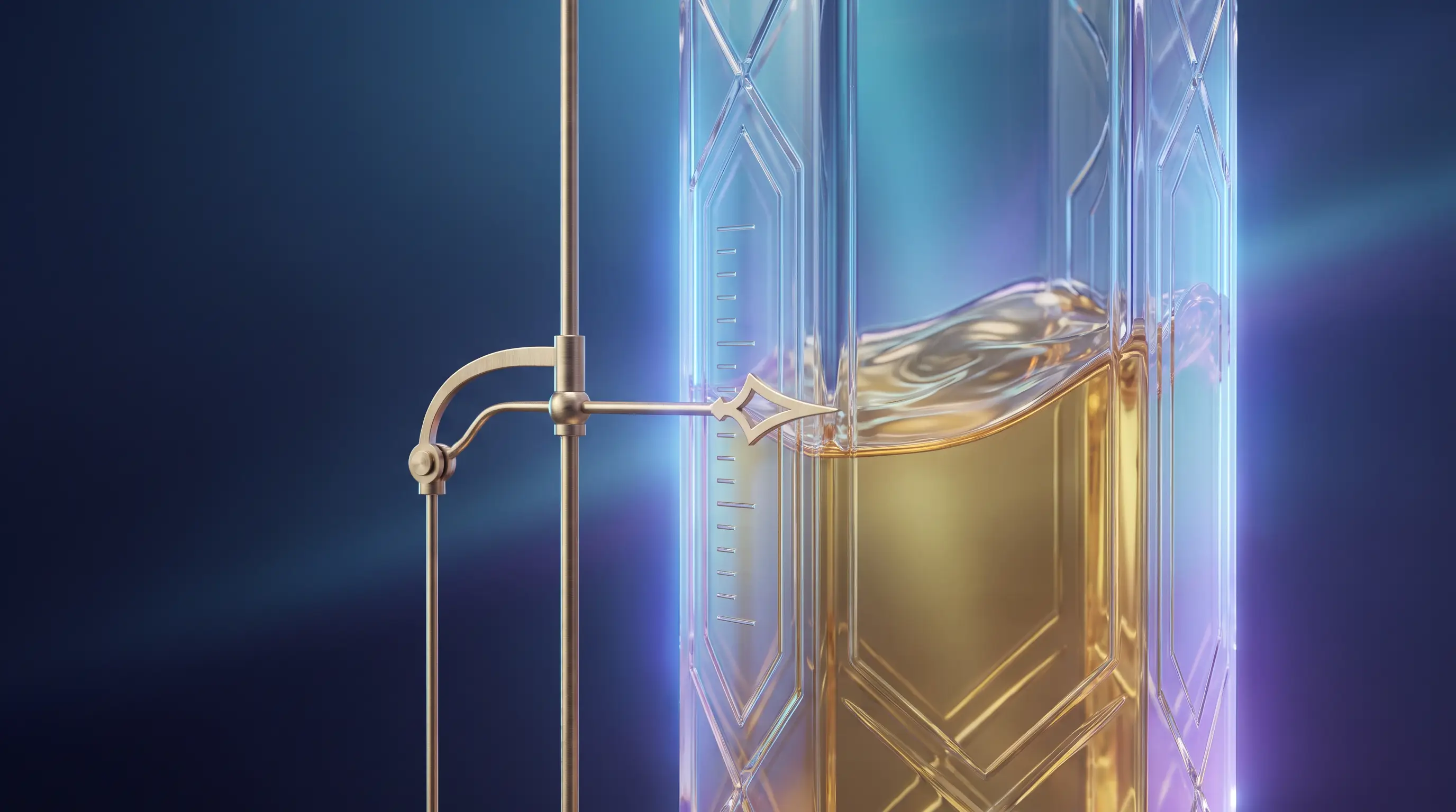 Crystal gauge of wave-like liquid gold with an adjustable brass marker on its scale, estimating freelance income for health subsidies