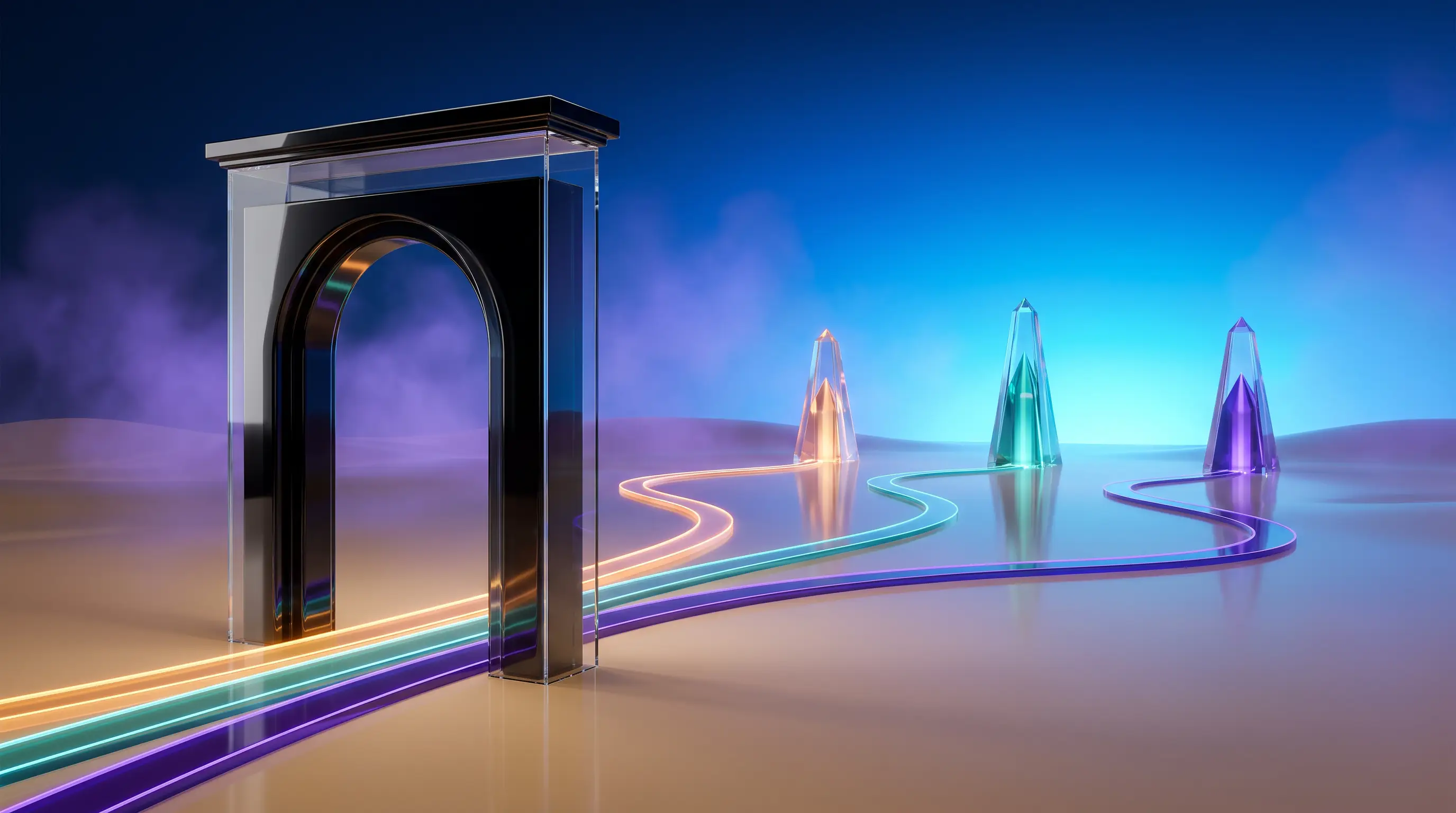One glass archway branching into three glowing paths toward different crystal structures, how LLC owners get health insurance in Nevada