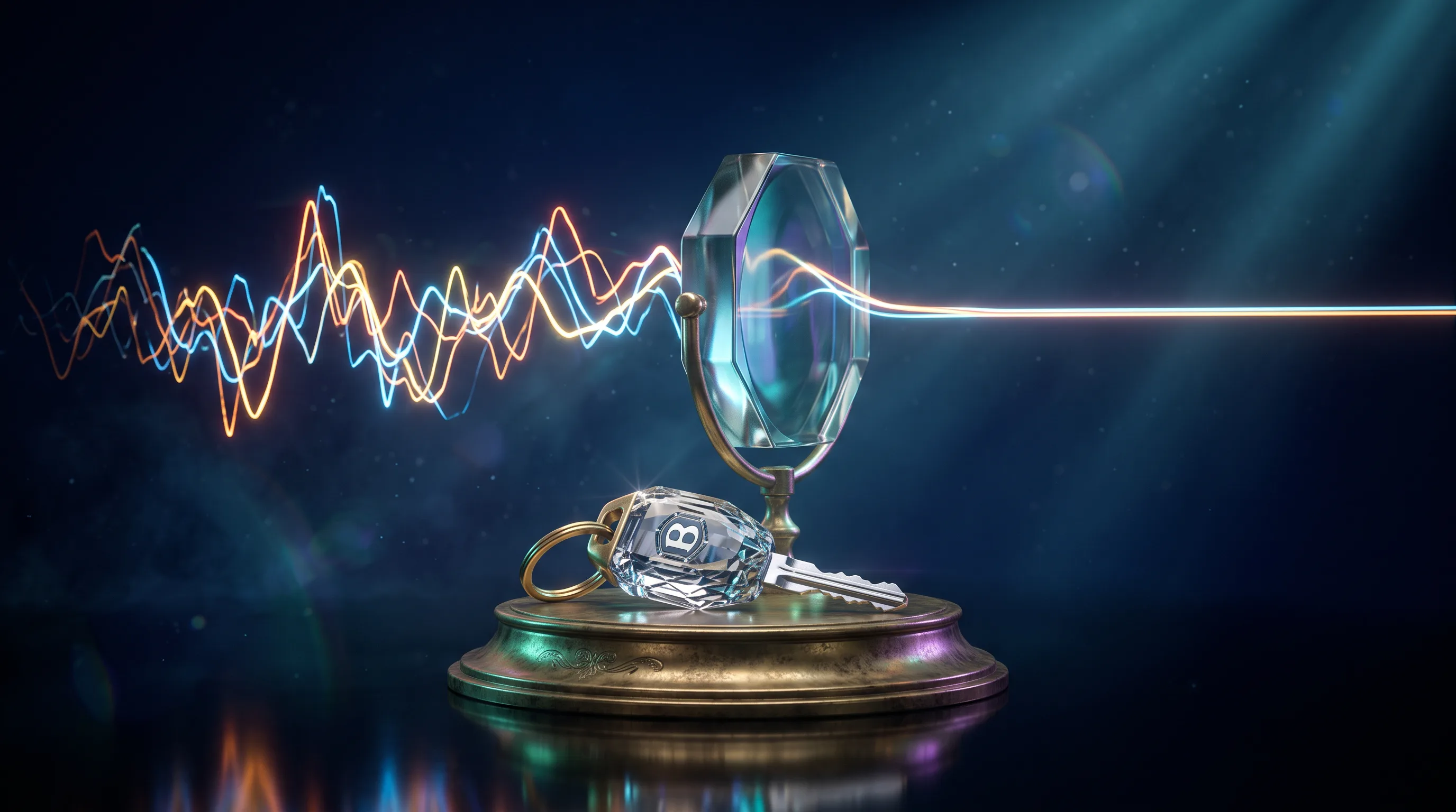 A jagged income waveform passing through a glass lens and leaving as one steady line beside a crystal car key, estimating rideshare income for subsidies