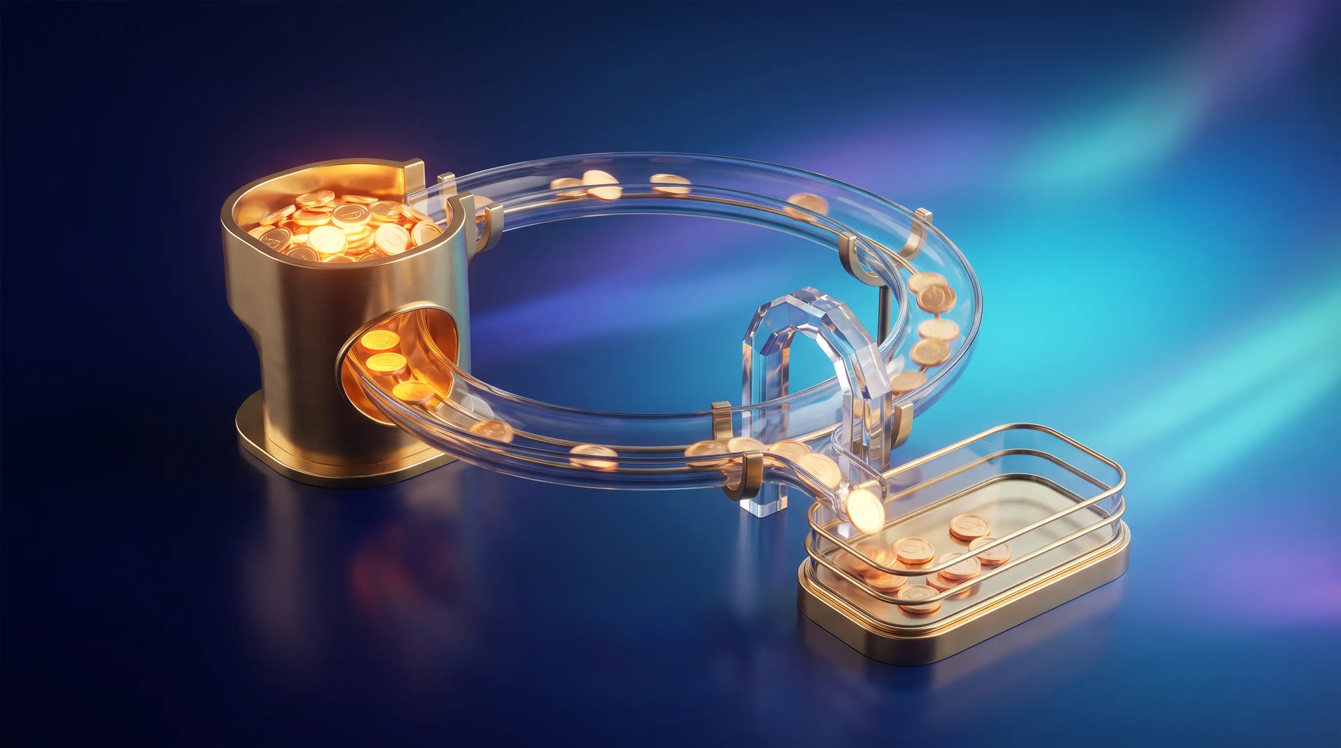 Circular glass and brass machine cycling glowing coins through a crystal checkpoint, how ICHRA reimbursement works