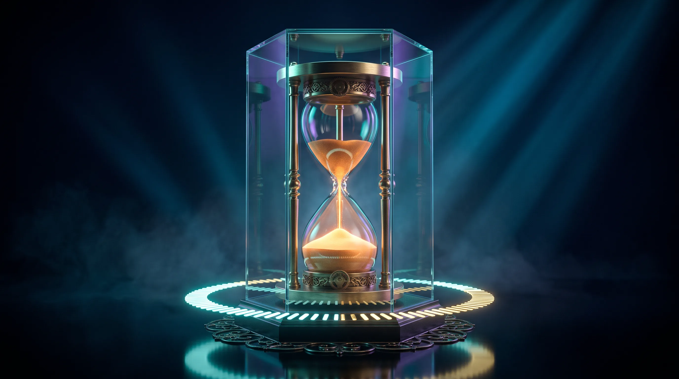 A crystal and brass hourglass sealed in a vitrine ringed by a closing band of light, the deadline after a qualifying life event