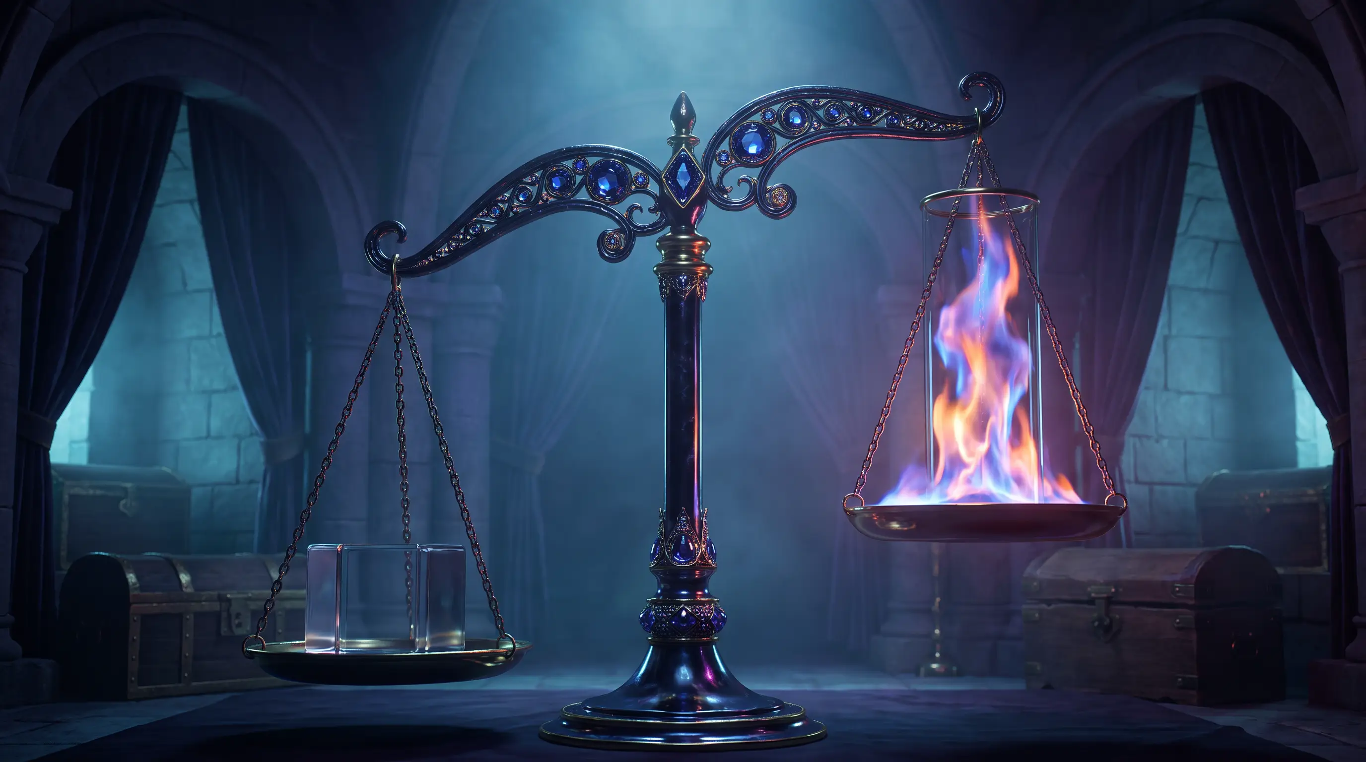 Scales balancing a fixed glass cube against a fluctuating column of flame, ICHRA cost versus group health insurance