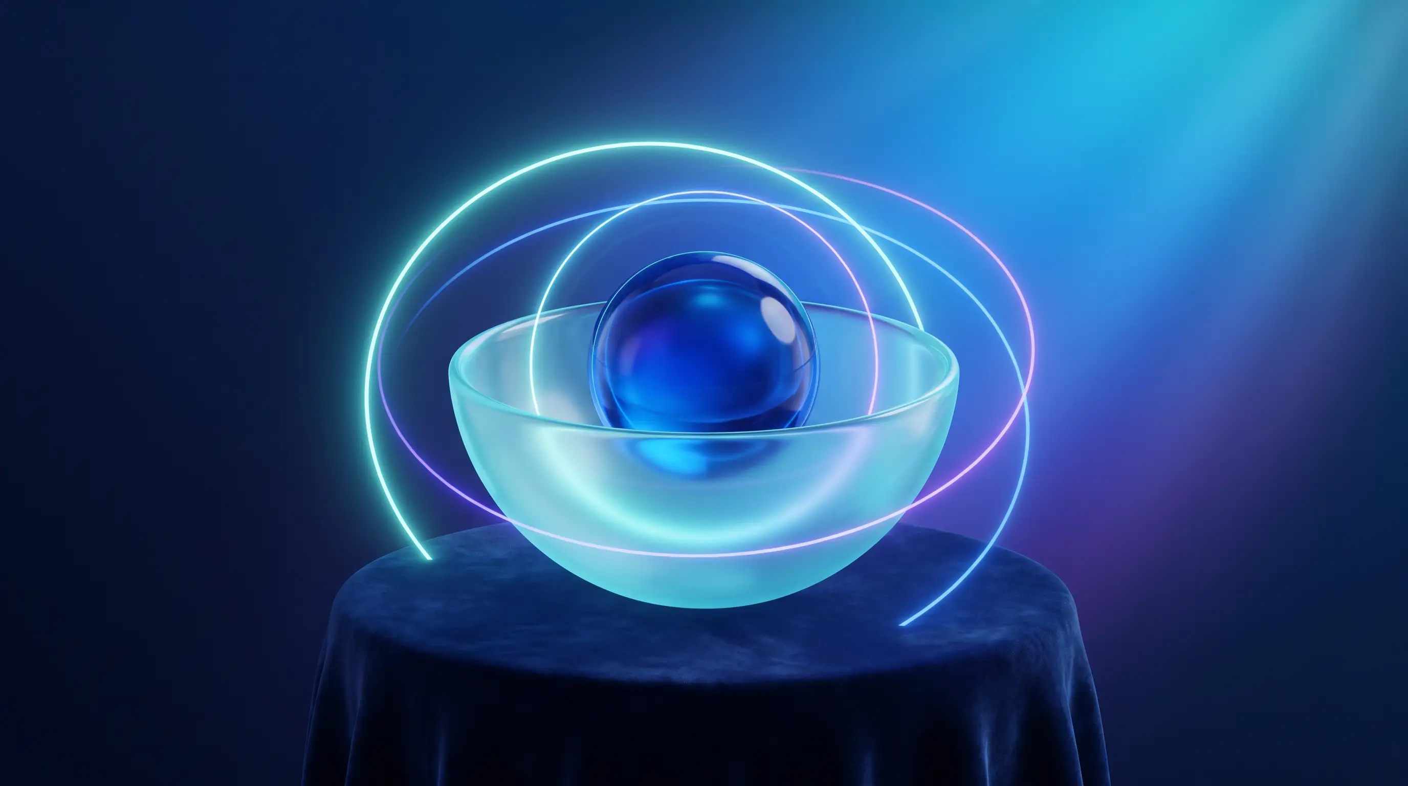Small sapphire orb nested inside a broader aqua glass bowl with overlapping halos, hospital indemnity as one design within GAP insurance