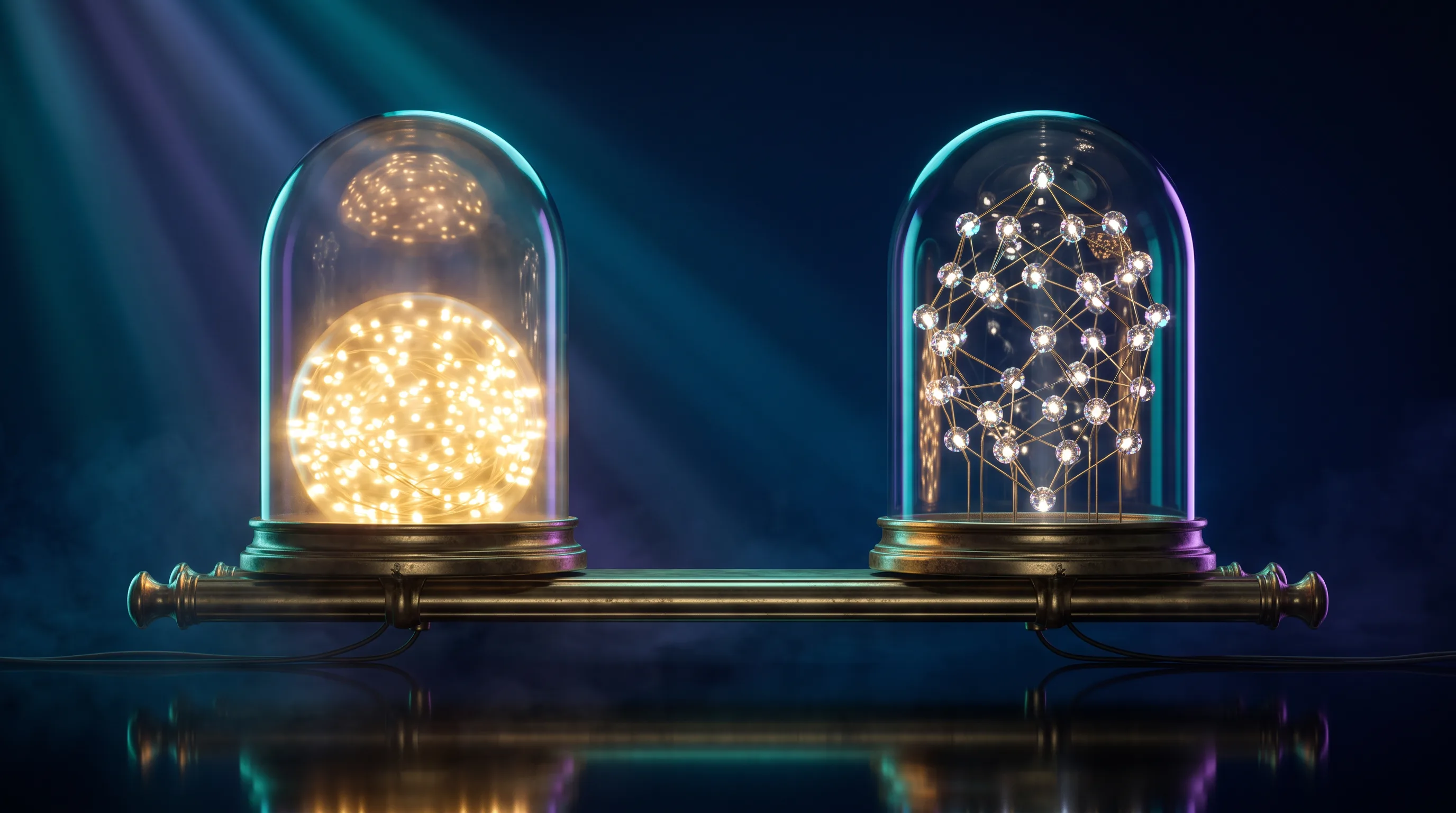 A pooled glass dome and a lattice of individually lit nodes balanced on the same brass beam, union coverage compared with marketplace coverage