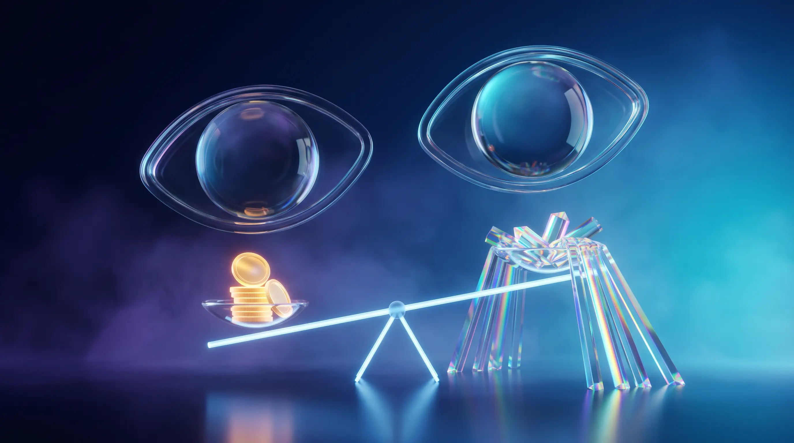 Giant glass lenses above a scale of light where refracted beams outweigh a small stack of coins, the break-even math of vision insurance for lens wearers