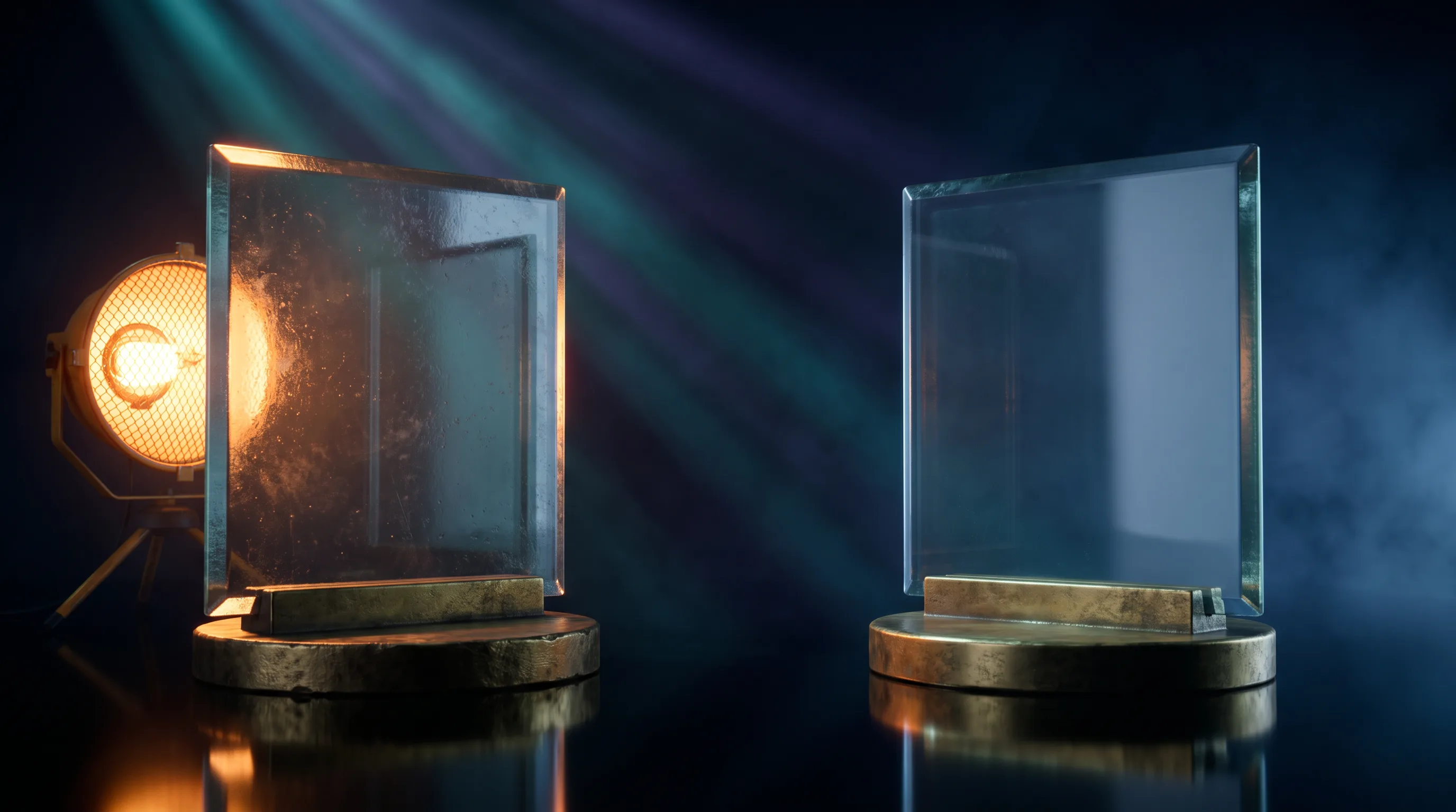Two glass shields on separate brass plinths lit by different light with a clear gap between them, whether workers comp is the same as health insurance