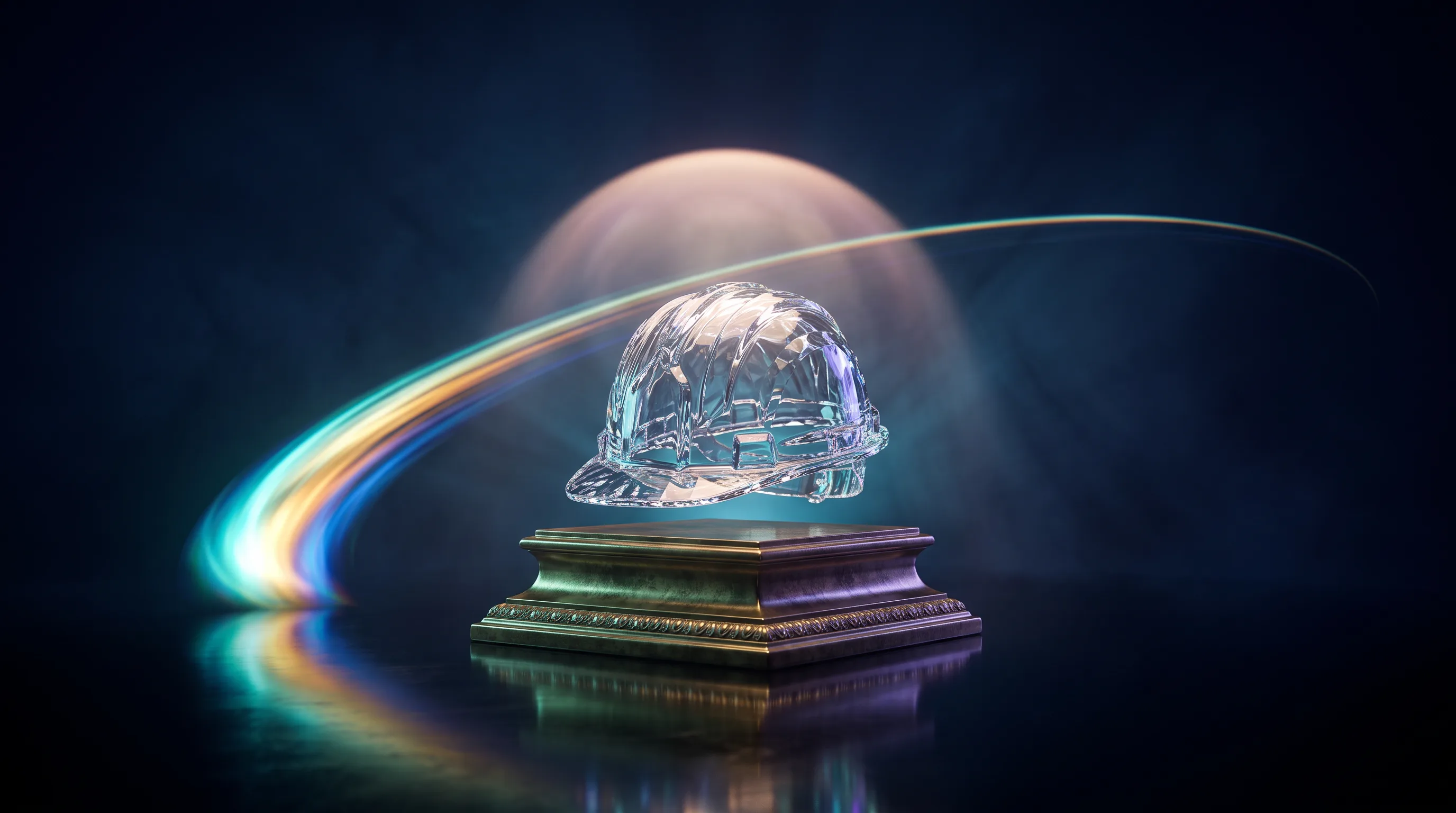 A crystal hard hat under a protective dome against an arc of light that swells and thins by season, coverage for seasonal construction workers