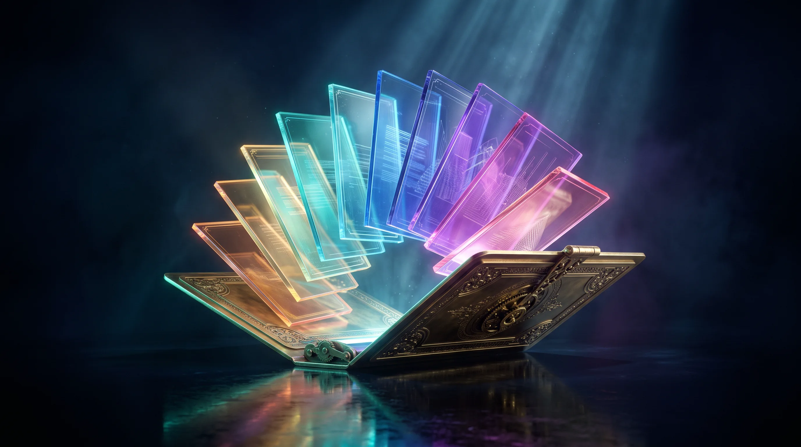 A fan of glowing glass document slabs rising out of an open brass folder, the documents needed for open enrollment