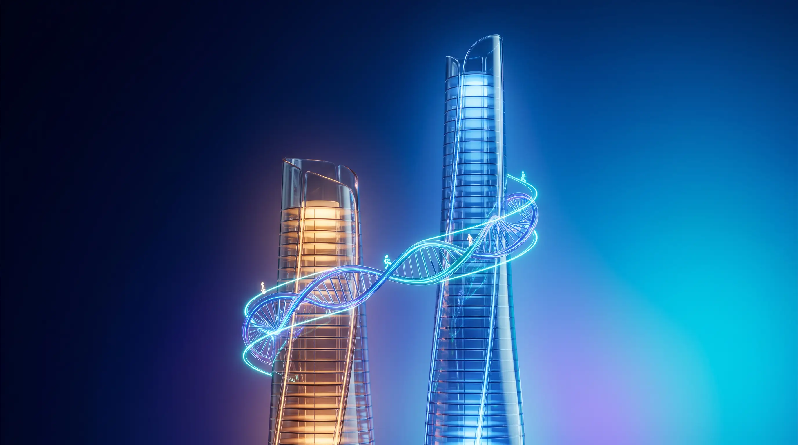 Two glass towers joined by a double helix of gradient light with figures traveling between them, how a PEO partnership carries the weight