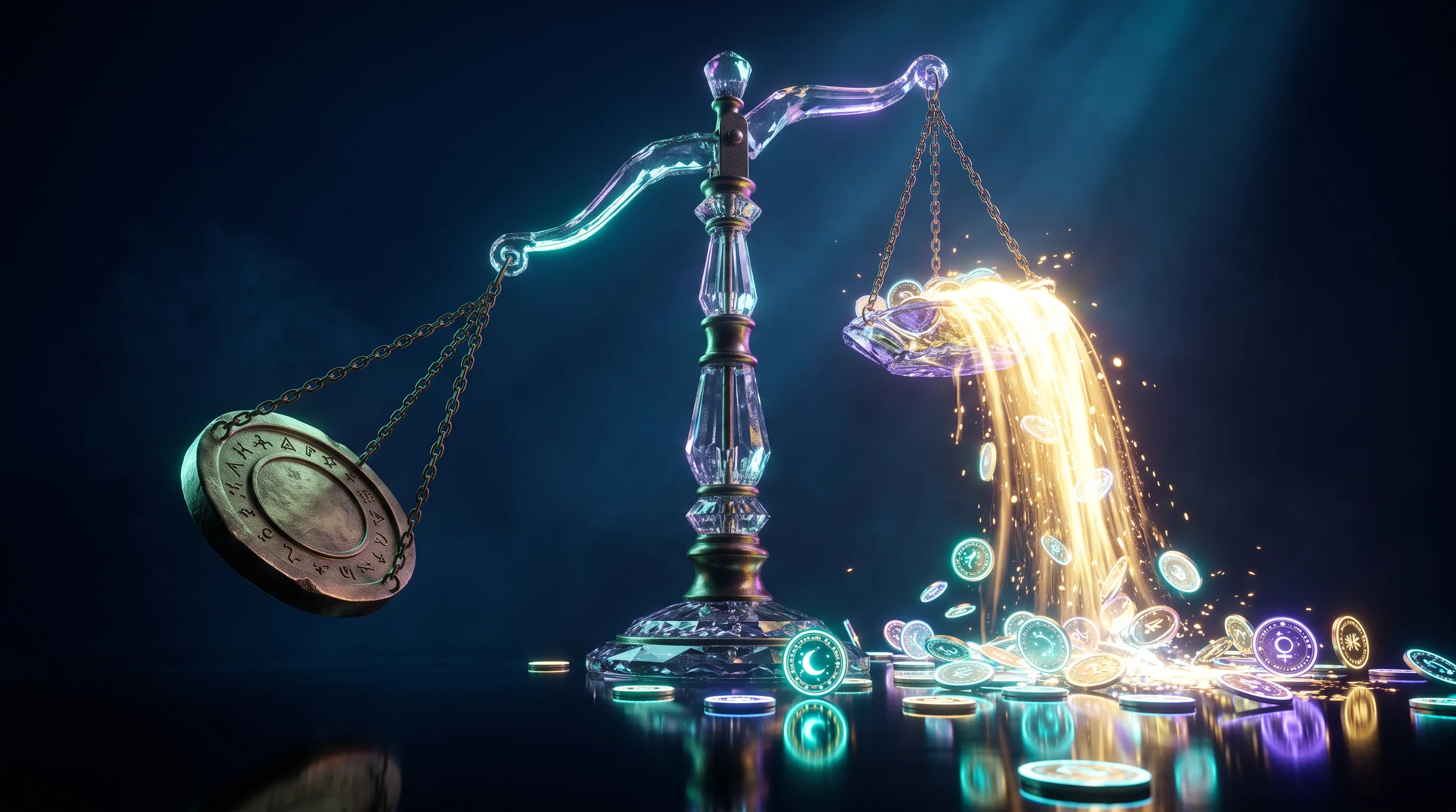 A crystal balance overfilled on one side while a brass counterweight swings back and spills glowing coins, underestimating income for health subsidies