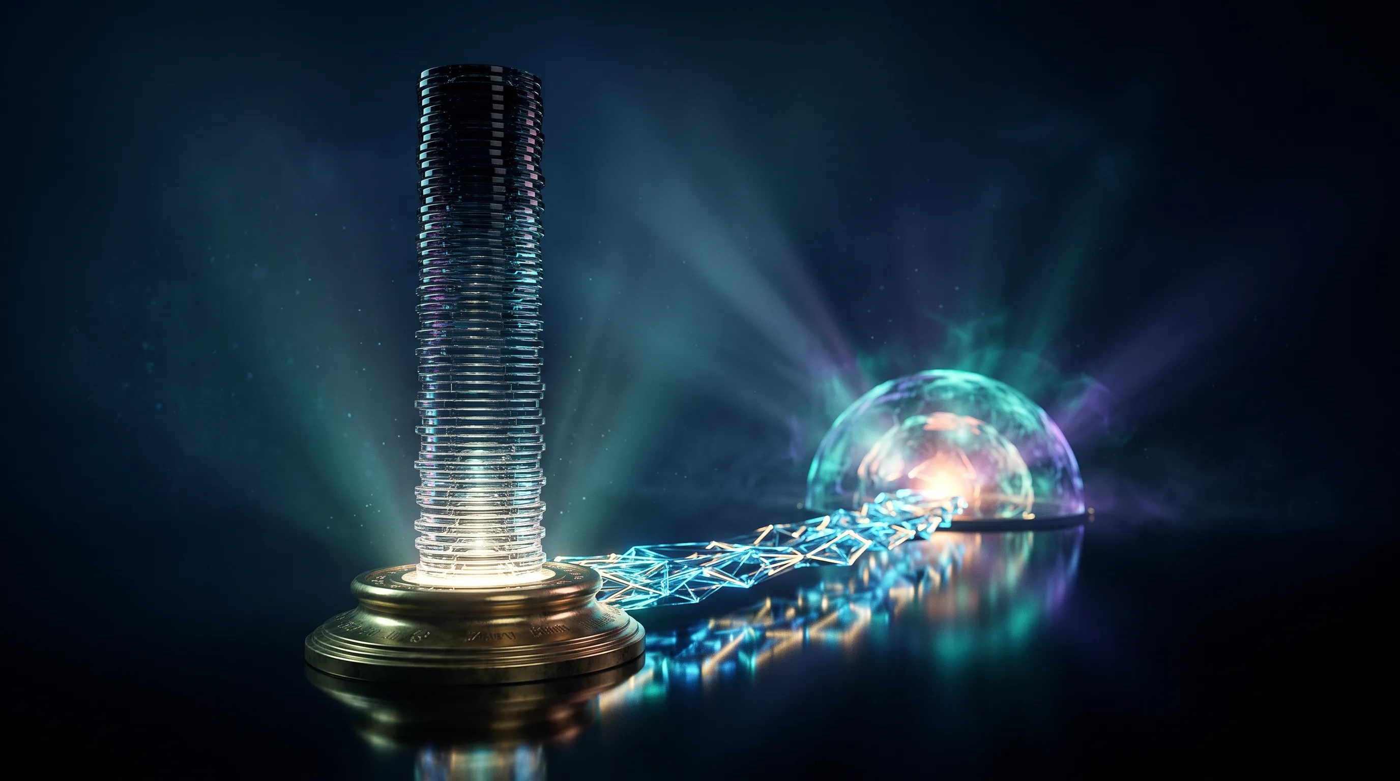 A tower of glass gaming chips going dark as a bridge of light builds toward a separate glowing dome, health insurance during a casino layoff