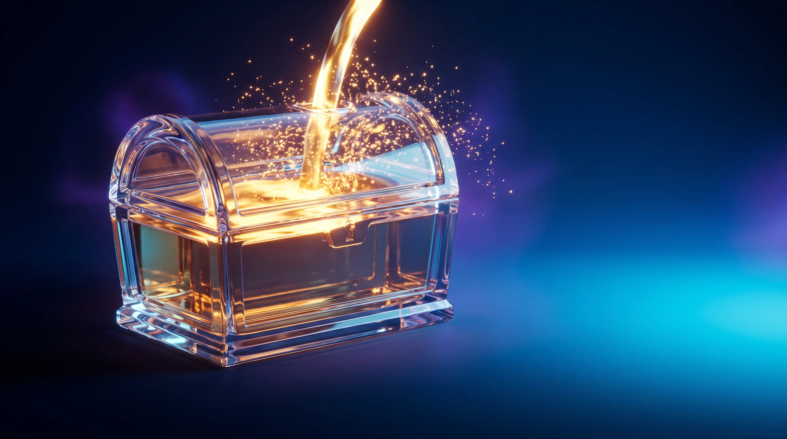 Crystal treasure chest filling with golden light that stops at an etched limit line while the overflow drains into shadow, the annual maximum cap on dental insurance