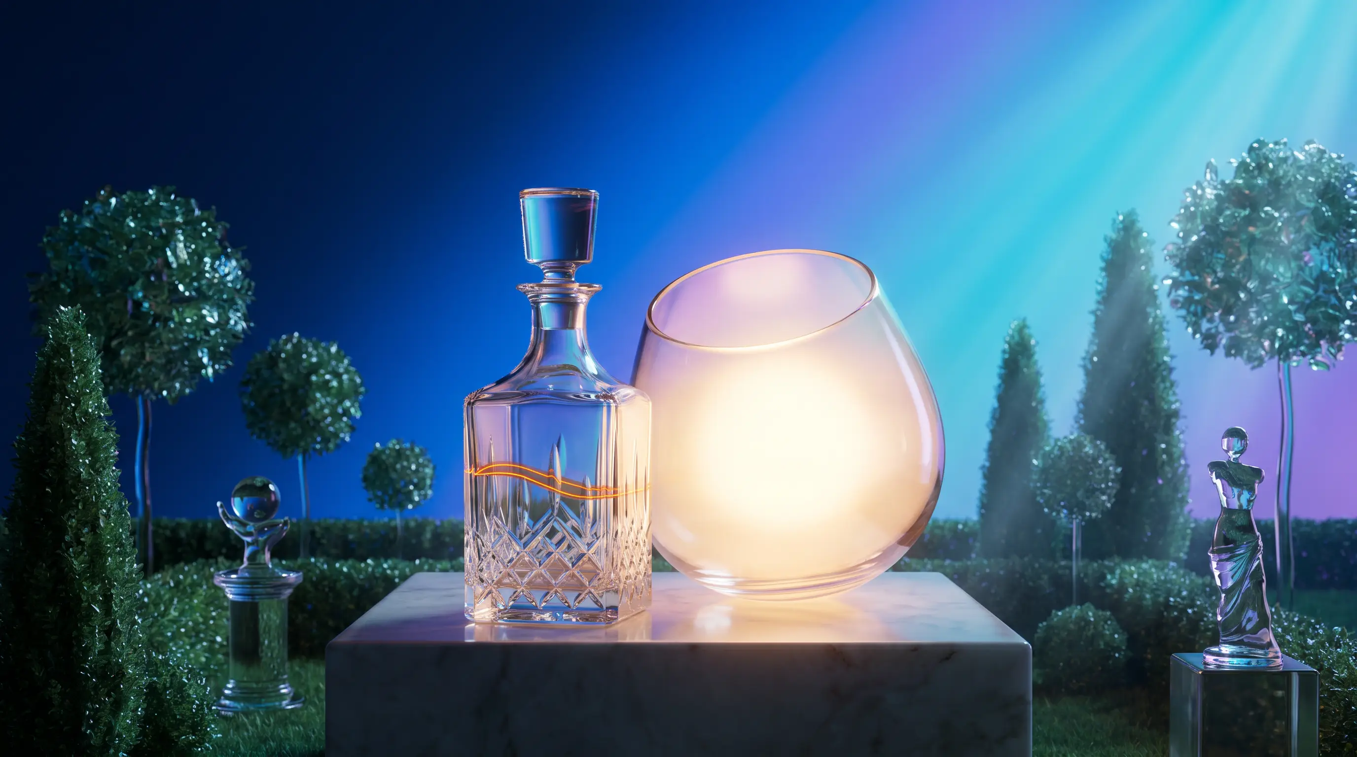 Capped crystal decanter with an etched fill line beside a larger open vessel of light, QSEHRA contribution caps compared with ICHRA