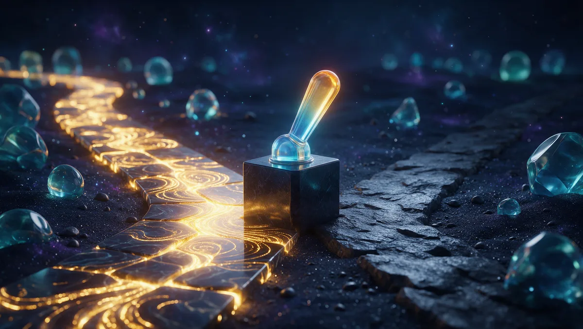 A single translucent glass lever on a dark plinth with one glowing golden path and one dim grey path diverging beneath it, the one choice a premium only plan offers