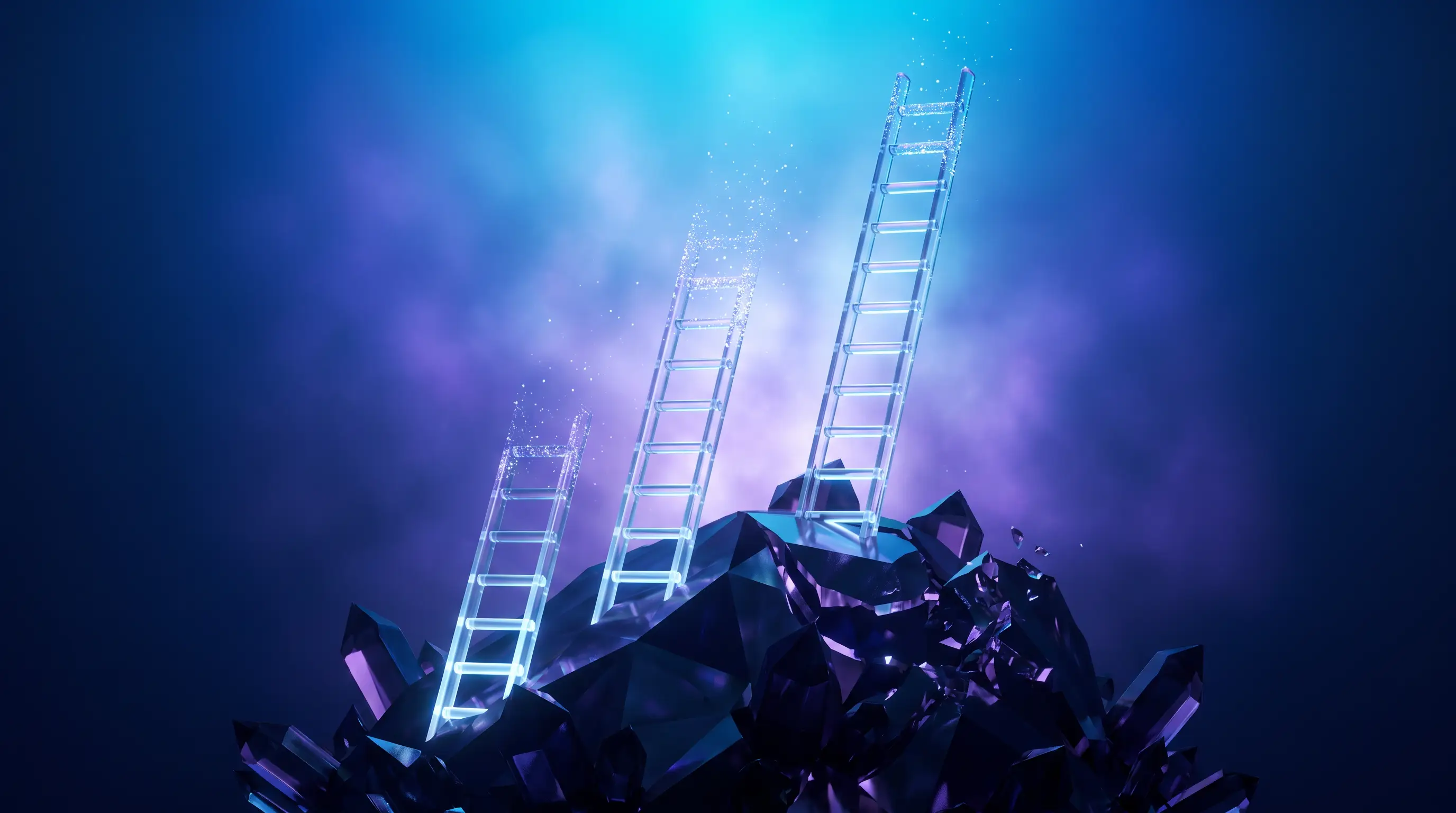 Three glowing glass ladders of staggered heights dissolving one by one against a shrinking crystal hill, laddering term life policies so coverage steps down as obligations disappear